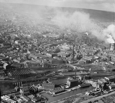 Halifax Old Station, surrounding mills and the town, Halifax, from the east, 1950