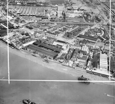 The Napier Yard and environs, Millwall, 1950. This image was marked by Aerofilms Ltd for photo editing.