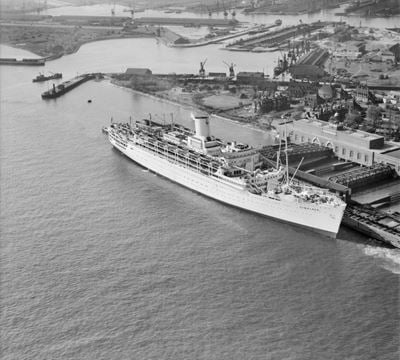 The SS Himalaya at the Landing Stage of Tilbury Docks, Tilbury, 1950
