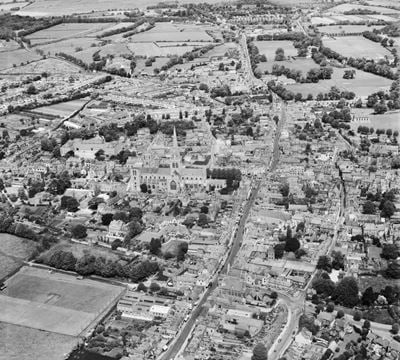 Chichester Cathedral and the town, Chichester, 1950