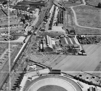 The Oxford & Cowley Ironworks Ltd, Cowley, 1950. This image was marked by Aerofilms Ltd for photo editing.