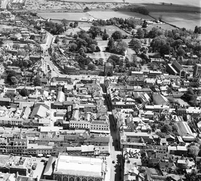 Abbeygate Street and the abbey, Bury St Edmunds, 1950