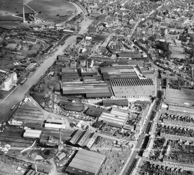 The Gloucester Railway Carriage and Wagon Company Works and environs, Gloucester, 1950. This image was marked by Aerofilms Ltd for photo editing.