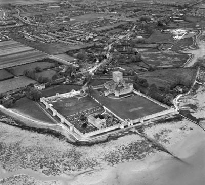 Portchester Castle and Roman Fort, Portchester, 1947. This image has been produced from a print.