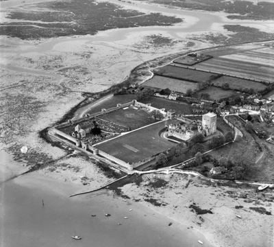 Portchester Castle and Roman Fort, Portchester, 1947. This image has been produced from a print.