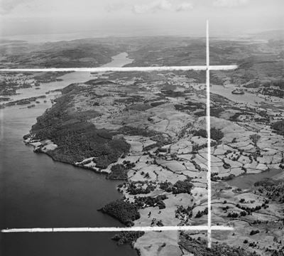 Countryside between Windermere and Esthwaite Water, High Wray, from the north, 1952. This image was marked by Aerofilms Ltd for photo edting.