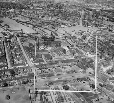 The Campbell Tile Works and environs, Stoke-on-Trent, 1952. This image was marked by Aerofilms Ltd for photo editing.