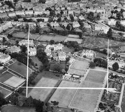 Belgrave Road and Abbey Park, Torquay, 1952. This image was marked by Aerofilms Ltd for photo editing.