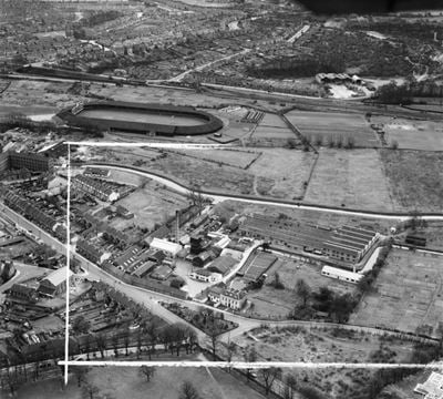 The David Evans & Co Ltd Silk Printing Works and environs, Crayford, 1953. This image was marked by Aerofilms Ltd for photo editing.