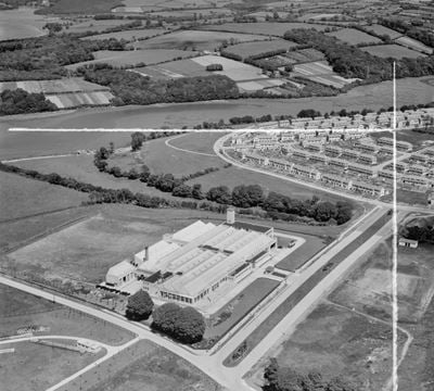 The Bush Radio Ltd Factory at Ernesettle, Plymouth, 1953. This image was marked by Aerofilms Ltd for photo editing.