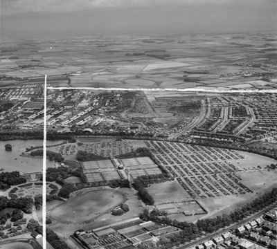 Blackpool, Cars parked in Stanley Park for the Royal Agricultural Society of England Show, from the west, 1953. This image was marked by Aerofilms Ltd for photo editing.