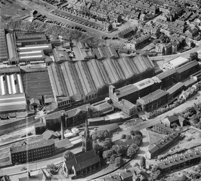 Springdale Woollen Mills and works off St Thomas' Road, Huddersfield, 1953. This image was marked by Aerofilms Ltd for photo editing.