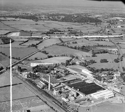 The British Cellophane Ltd Factory and surrounding area, Bridgwater, from the south-west, 1953. This image was marked by Aerofilms Ltd for photo editing.