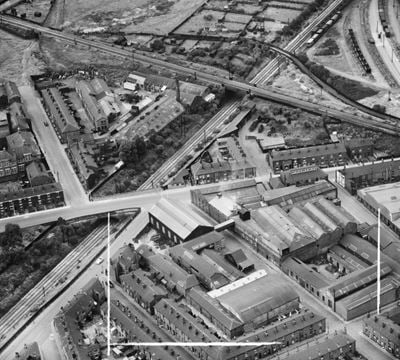 The Associated Sprinkler Co Ltd Works (Globe Iron Works), Radcliffe, 1953. This image was marked by Aerofilms Ltd for photo editing.