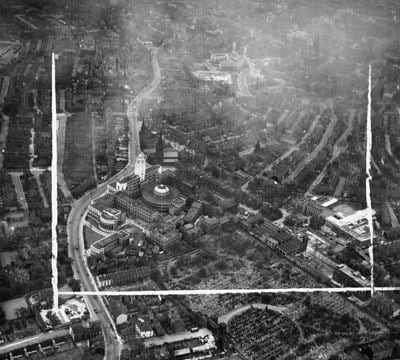 The University of Leeds and Leeds General Cemetery, Leeds, 1953. This image was marked by Aerofilms Ltd for photo editing.