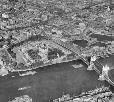 The Tower of London and Tower Bridge, London, 1953