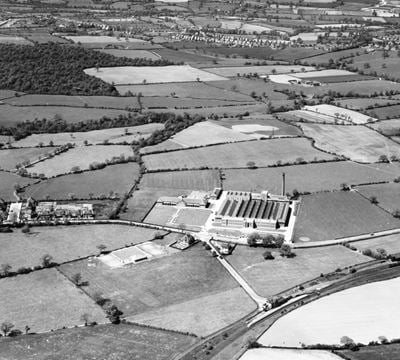 The Blue Bird Toffee Works and the surrounding countryside, Hunnington, 1948. This image has been produced from a print.