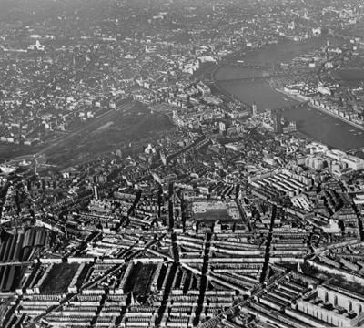 Pimlico and Victoria Station looking towards St James Park and Waterloo Bridge, Westminster, 1939. This image has been produced from a copy-negative.