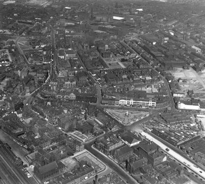 Kay Garden and the town centre, Bury, 1948. This image has been produced from a print.