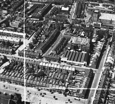 The M.K. Electric Ltd Electrical Accessory Works off Wakefield Street and environs, Upper Edmonton, 1949. This image has been produced from a print marked by Aerofilms Ltd for photo editing.