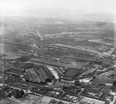 The English Steel Corporation Ltd River Don Works and environs, Brightside, from the south-east, 1949. This image has been produced from a print.