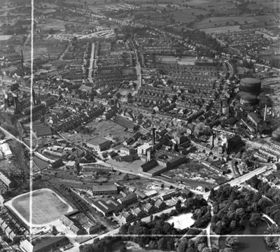 Wheatbridge Mills and environs, Chesterfield, 1949. This image has been produced from a print marked by Aerofilms Ltd for photo editing.