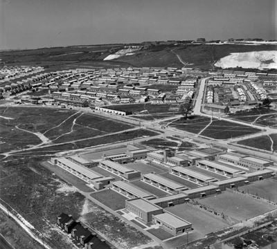 Hillside Primary Schools and environs, Paulsgrove, from the south-east, 1951. This image has been produced from a print.