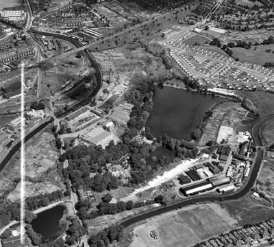 Lifford Chemical Works, Lifford Reservoir and environs, King's Norton, 1951. This image has been produced from a print marked by Aerofilms Ltd for photo editing.