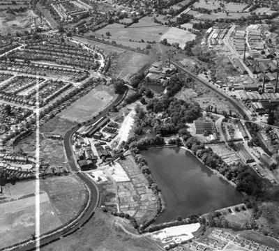 Lifford Chemical Works, Lifford Reservoir and environs, King's Norton, 1951. This image has been produced from a print marked by Aerofilms Ltd for photo editing.