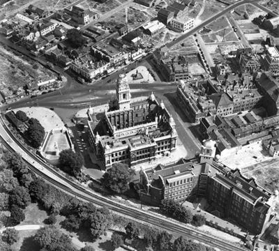 The Guildhall and environs, Portsmouth, 1951. This image has been produced from a print.