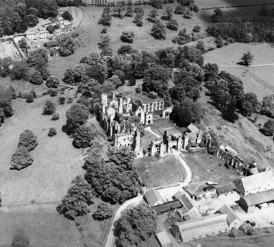 The ruins of Wingfield Manor House and Manor Farm, South Wingfield, 1947. This image has been produced from a print.