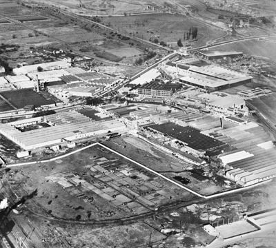 The Gothic Gas Meter and Stove Works and nearby factories off Angel Road, Edmonton, 1938. This image has been produced from a copy-negative.