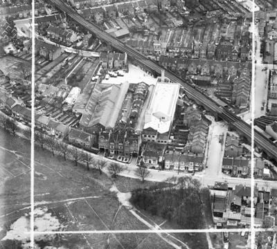 The H. W. Nevill Ltd Bakery off Harrow Road, Leytonstone, 1951. This image has been produced from a print marked by Aerofilms Ltd for photo editing.