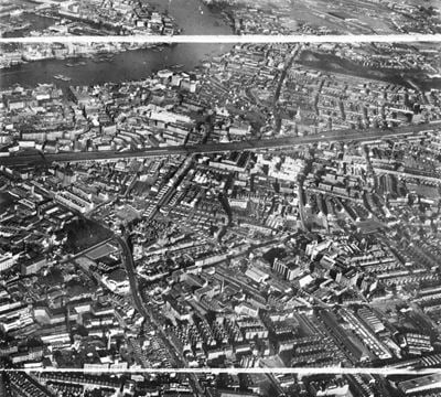 Grange Road and environs, Bermondsey, 1952. This image has been produced from a print marked by Aerofilms Ltd for photo editing.