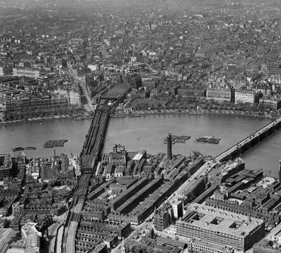 The South Bank, Hungerford Bridge and Charing Cross, London, from the south-east, 1921