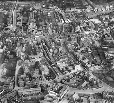 St Margaret's Church and the town centre, Uxbridge, 1930