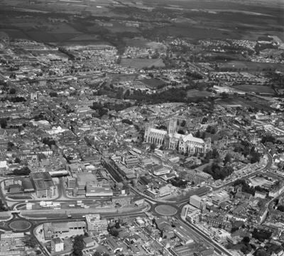 View looking north over the Cathedral and city centre, Canterbury, 1973