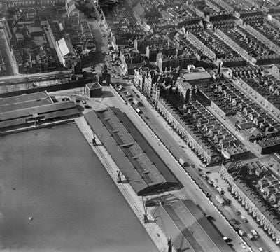 Poplar Hospital, East India Dock Road and the North Quay of East India Import Dock, Poplar, 1935