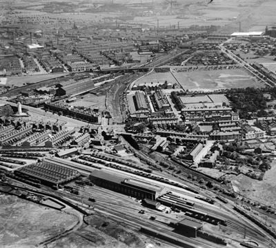 The Buckley Wells railway depot and environs, Bury, from the west, 1935