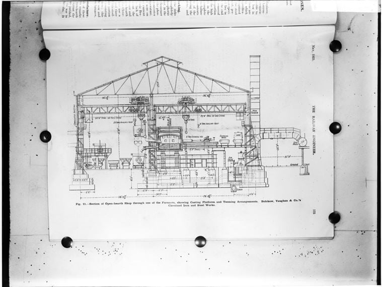 A photograph of page 175 of The Railway Engineer, published May 1923, showing a sectional drawing of a furnace at Bolckow, Vaughan and Company's Cleveland Iron and Steel Works