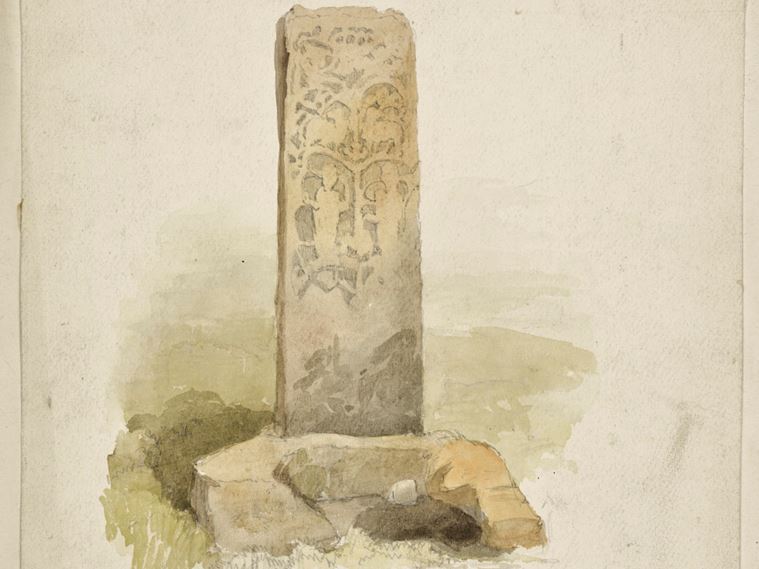 Watercolour painting of the Monk's Stone in its original location outside Monk House Farm