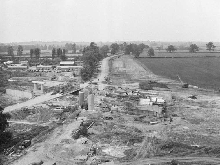 An aerial view of the two-level junction at Collingtree during its construction as part of the London to Yorkshire Motorway (M1)