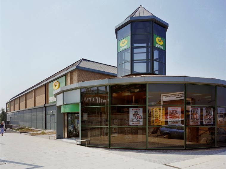The north eastern entrance, on Portland Terrace, to the Gateway supermarket in Southampton, showing the tall glazed roof lantern that sits above