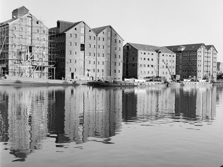 General view of the Gloucester Docks showing the Sturges Warehouse across the water.