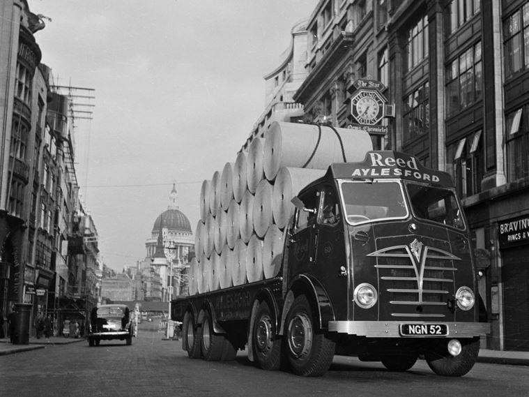 Rolls of paper manufactured by the Reed Paper Group at Aylesford Mills, being transported along Fleet Street on the back of a company lorry