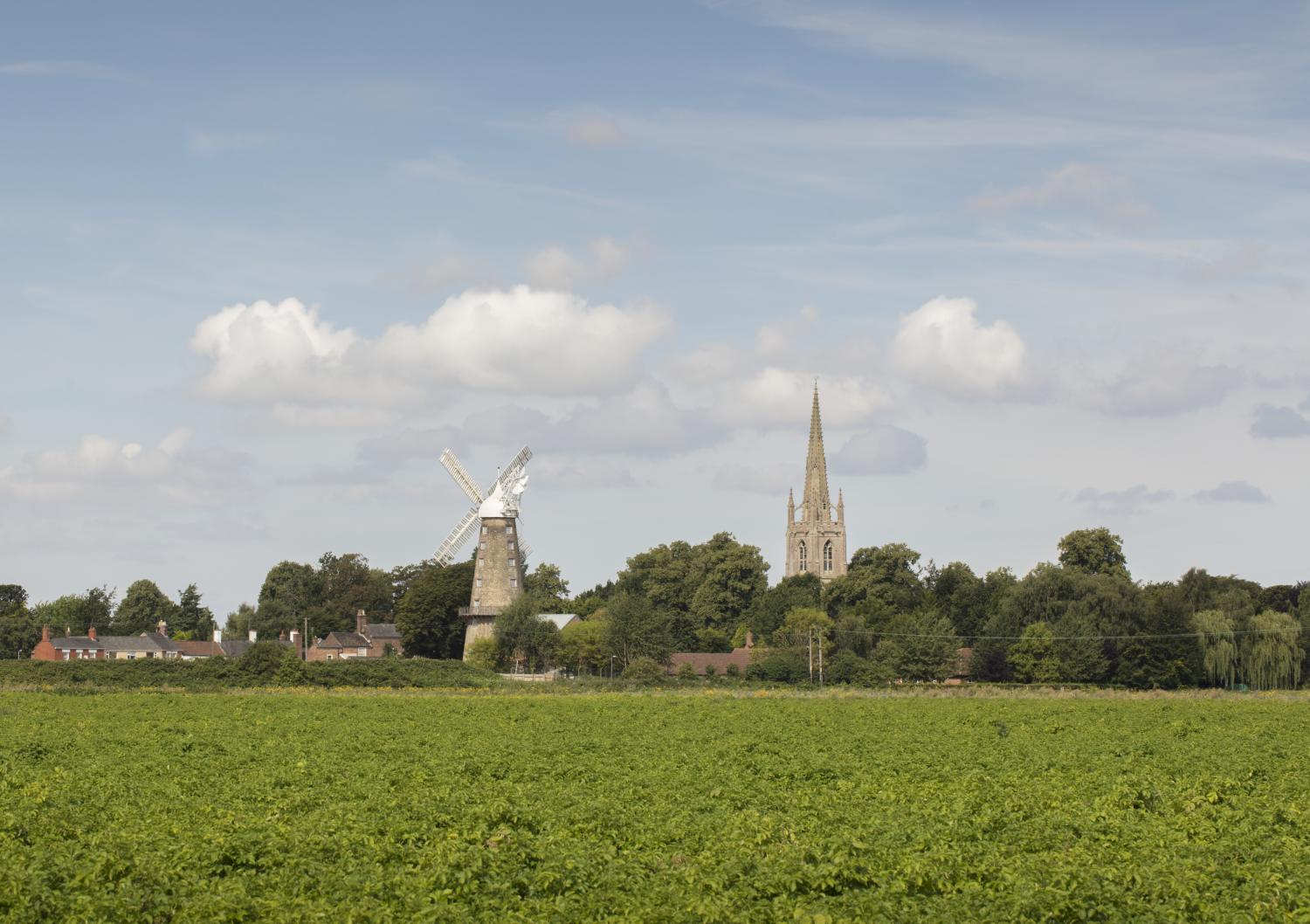 /localA windmill and a church in the background of a field