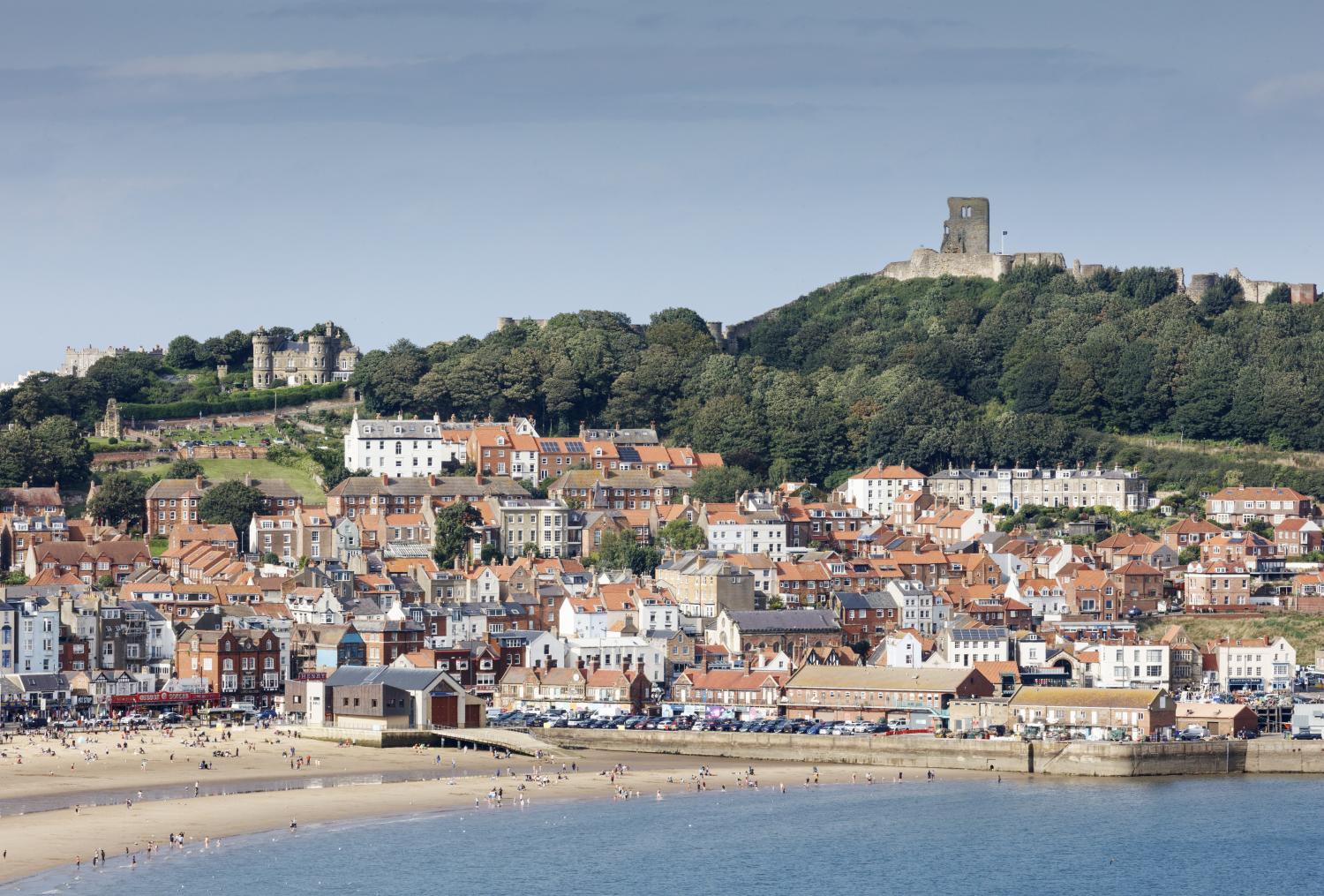 /localAerial view of a town by the coast