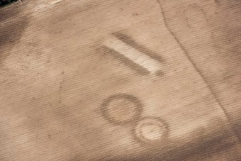 Aerial view of markings in a ploughed field