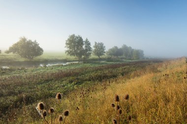 View through mist to the River Delph at Manea, Welches Dam, March, Cambridgeshire