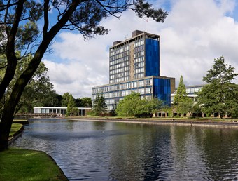 Pilkingtons Head Office building with lake in foreground, St Helen's.